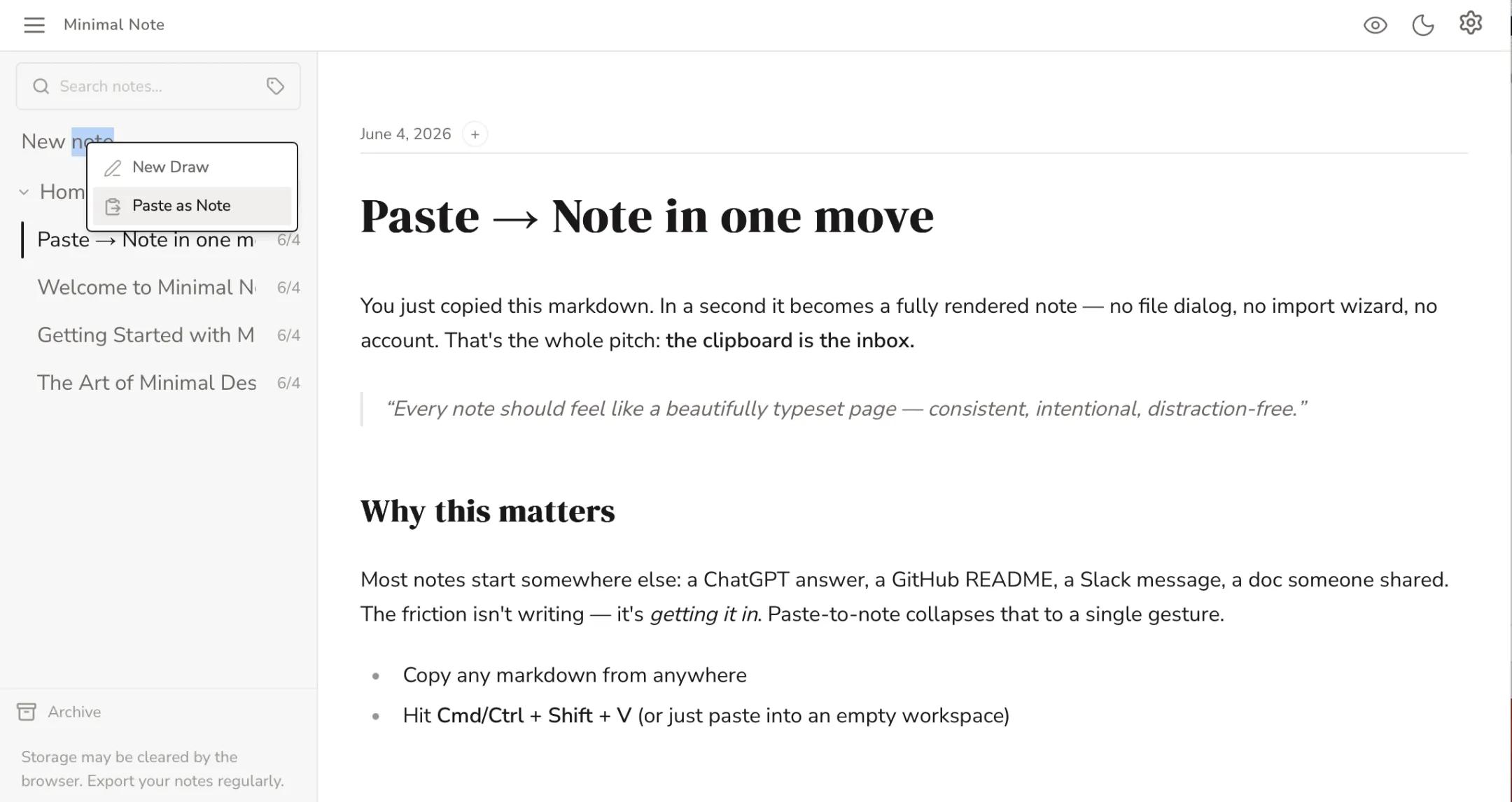 The New menu open with 'Paste as Note', pasted markdown rendered as a typeset note