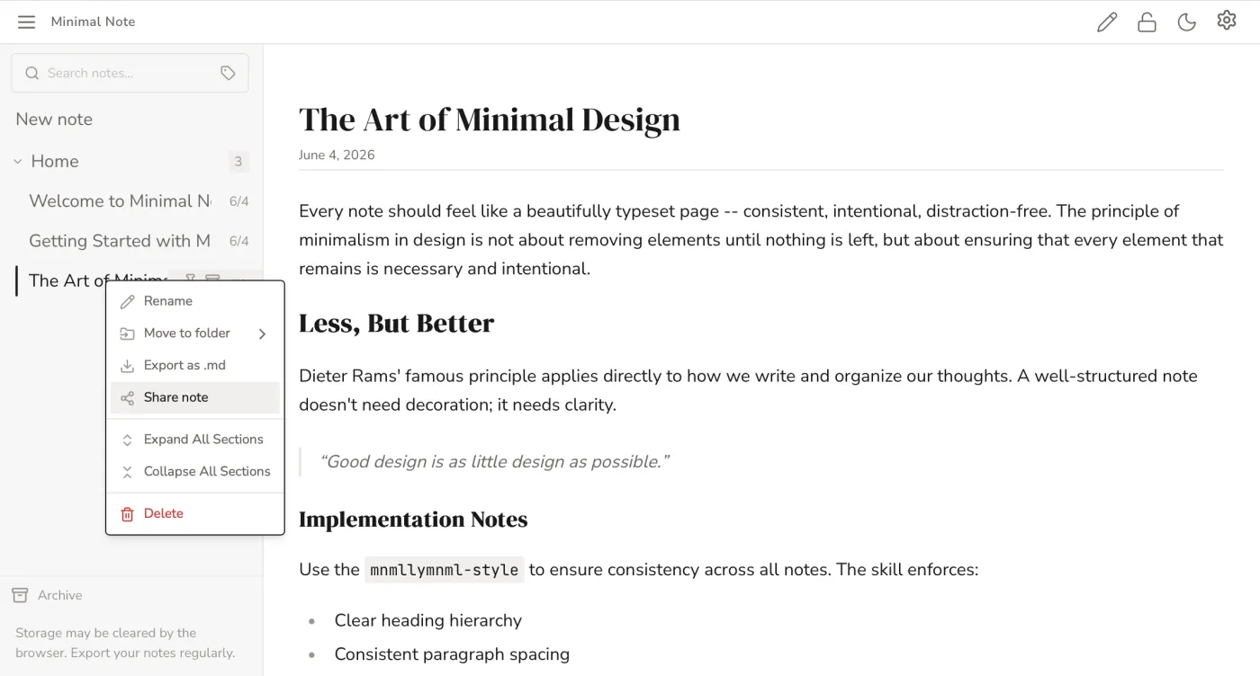 The note menu with the Share note option