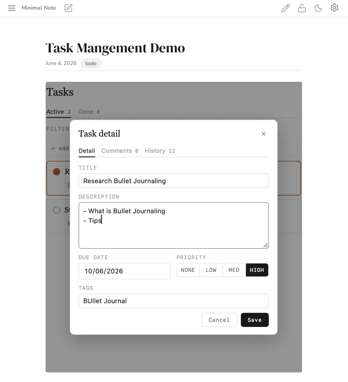 The task detail dialog with description, due date, priority and tags